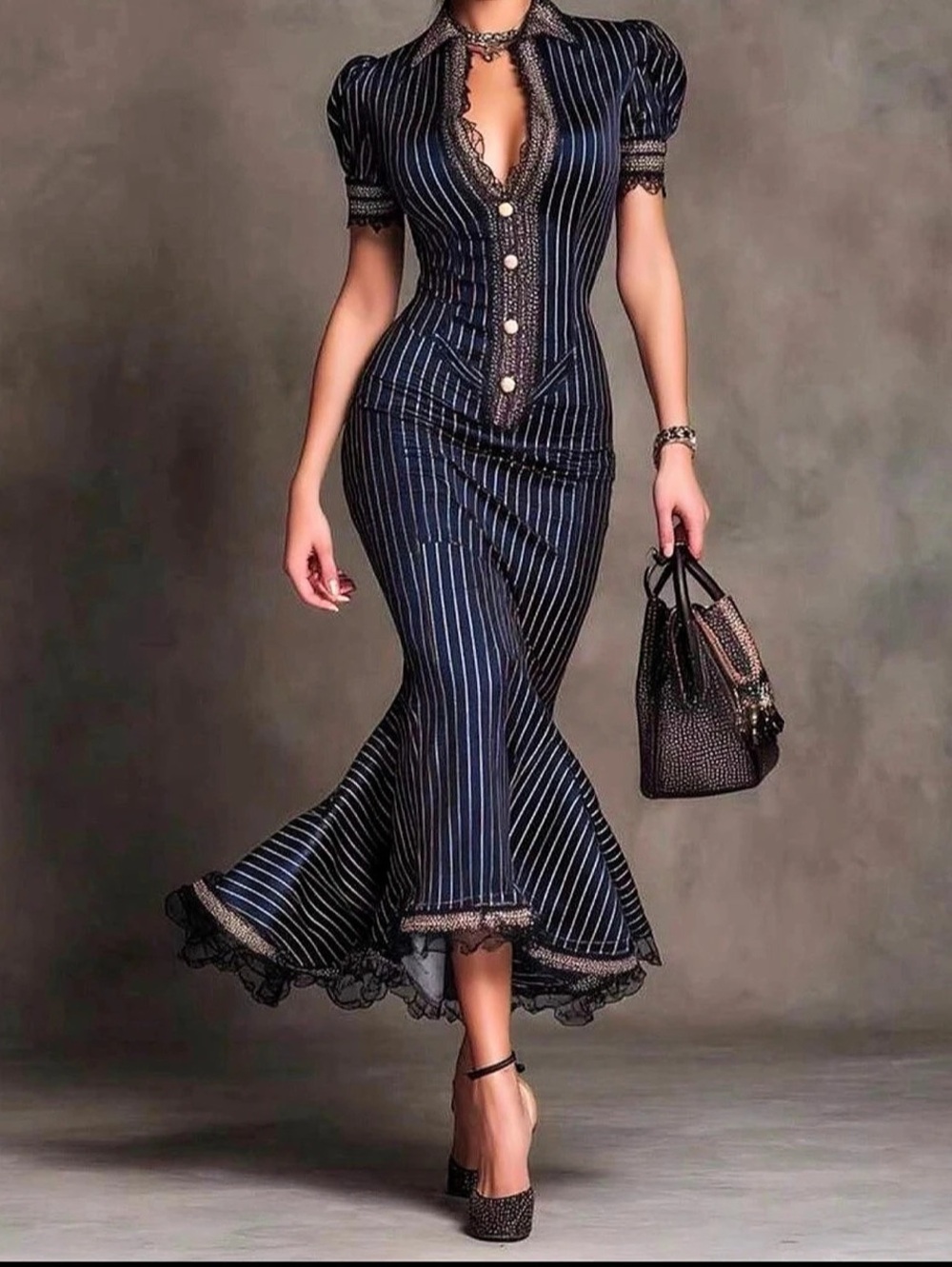Striped Midi Dress in Blue & Black Like New